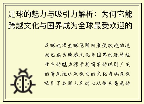 足球的魅力与吸引力解析：为何它能跨越文化与国界成为全球最受欢迎的运动